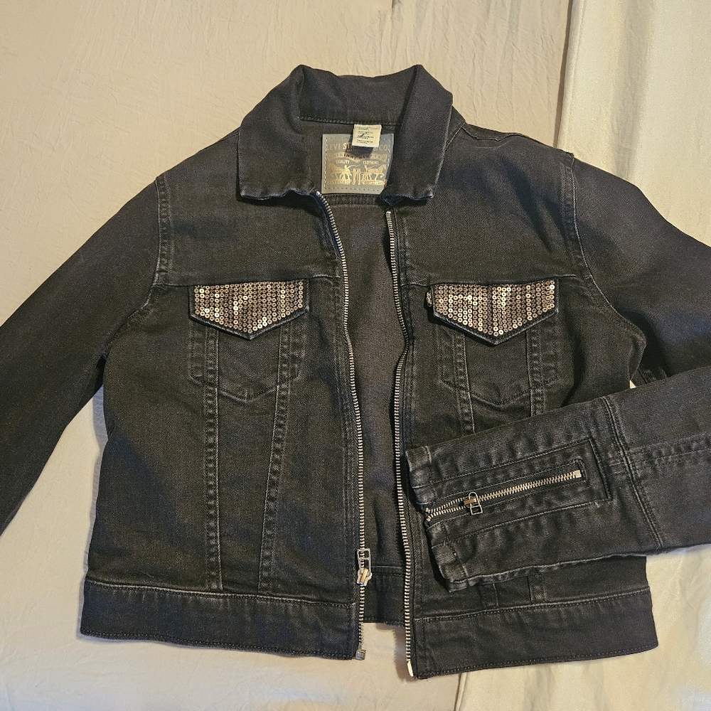 Levi's Black Denim Jacket with Silver Accents Sequence Detailing